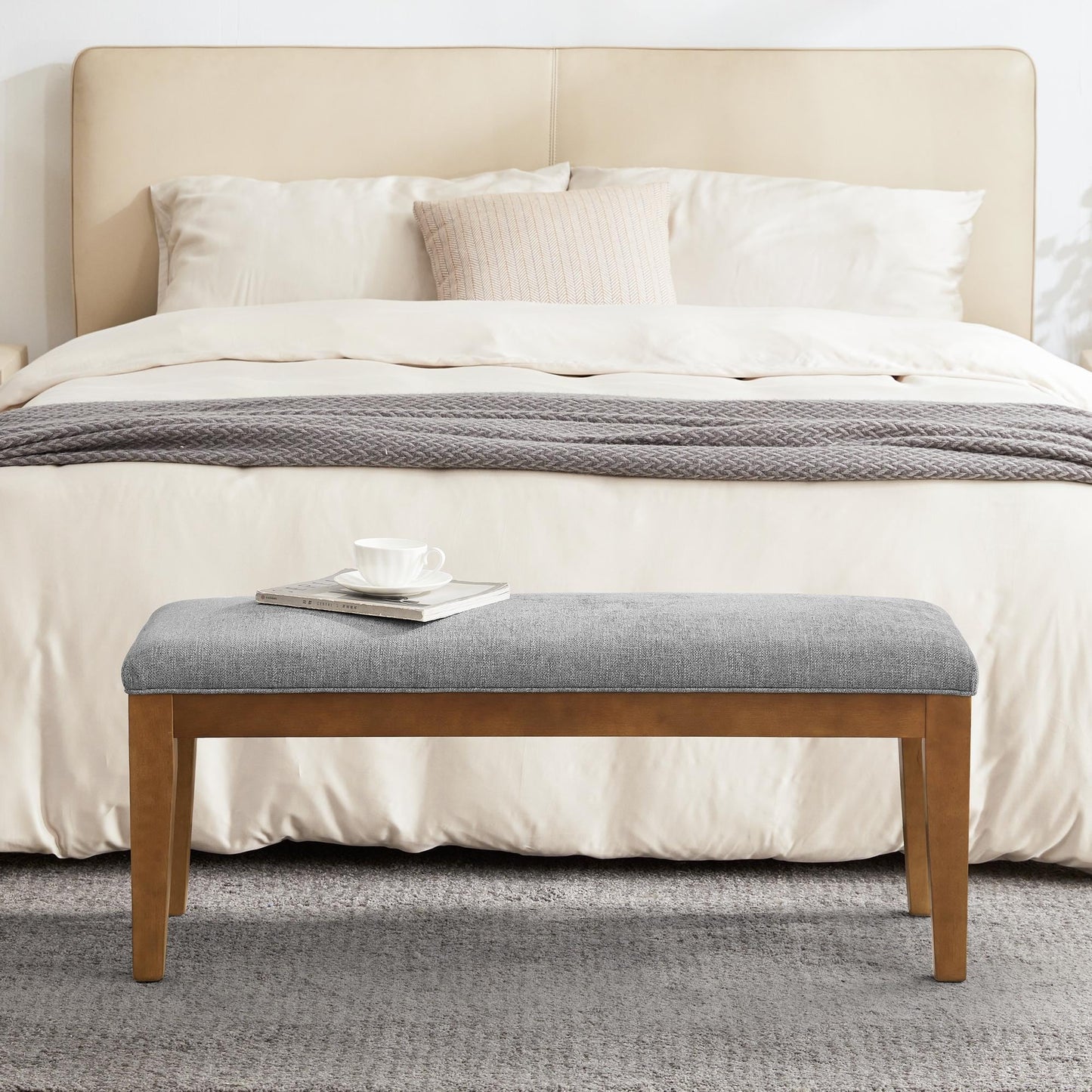 Banc d'entrée rembourré en tissu, banc de chambre pour bout de lit beige, bois massif 44 pouces