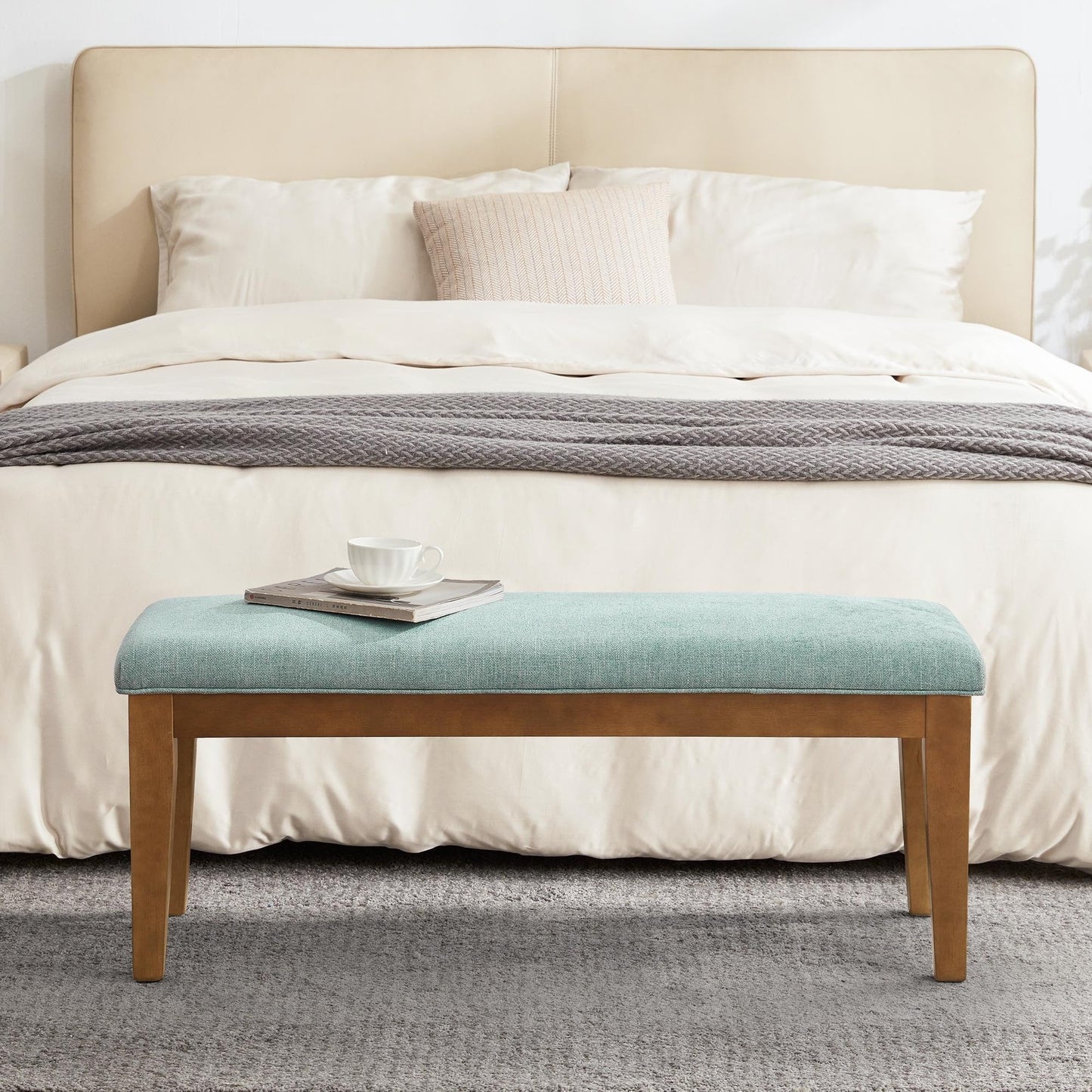 Banc d'entrée rembourré en tissu, banc de chambre pour bout de lit beige, bois massif 44 pouces