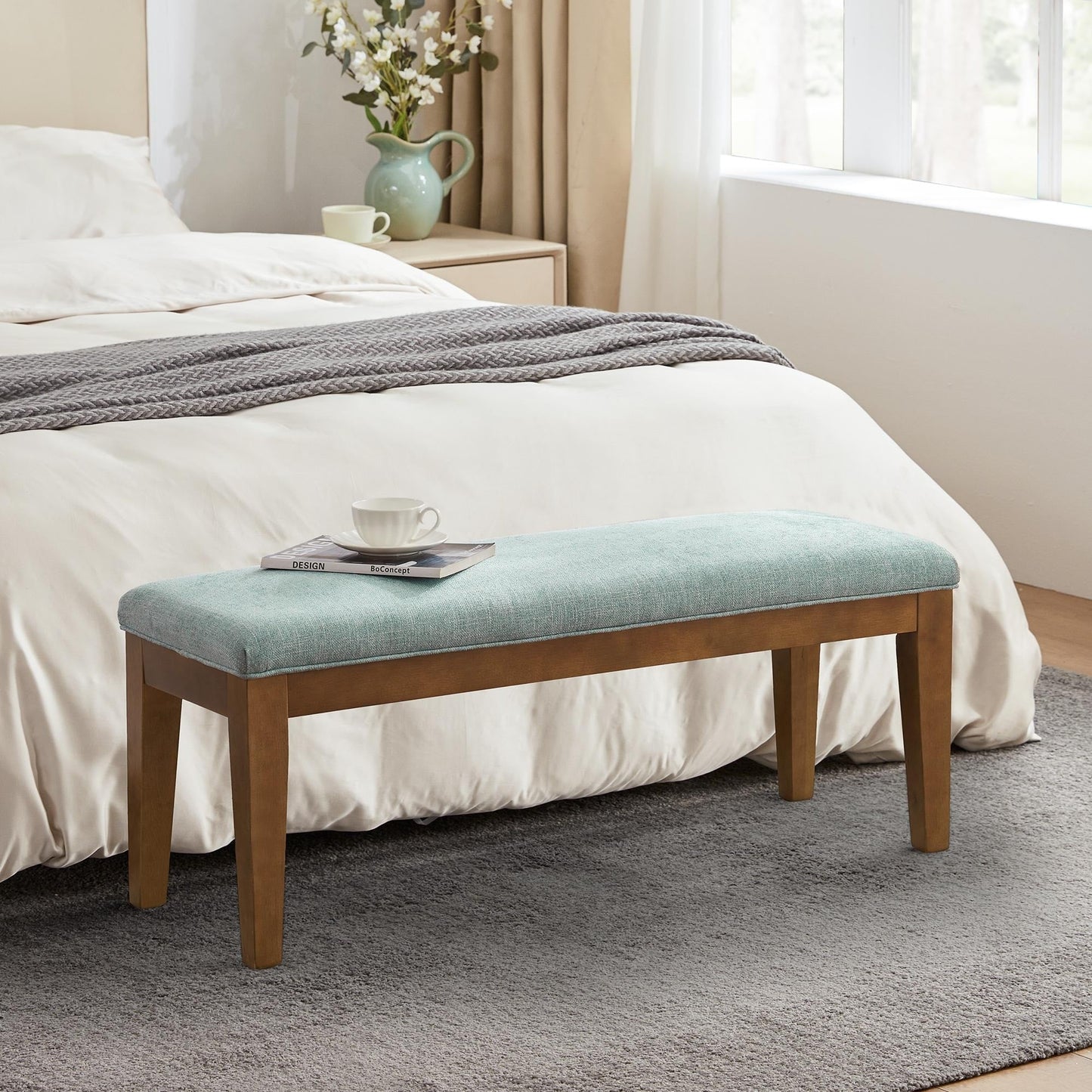Banc d'entrée rembourré en tissu, banc de chambre pour bout de lit beige, bois massif 44 pouces