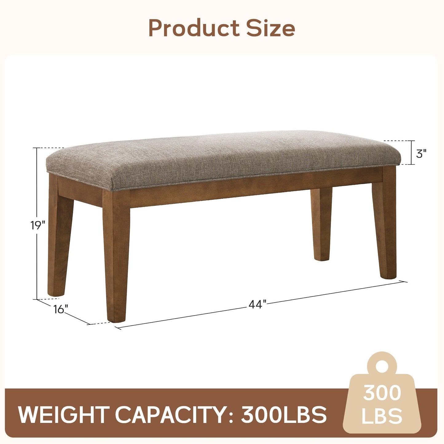 Banc d'entrée rembourré en tissu, banc de chambre pour bout de lit beige, bois massif 44 pouces