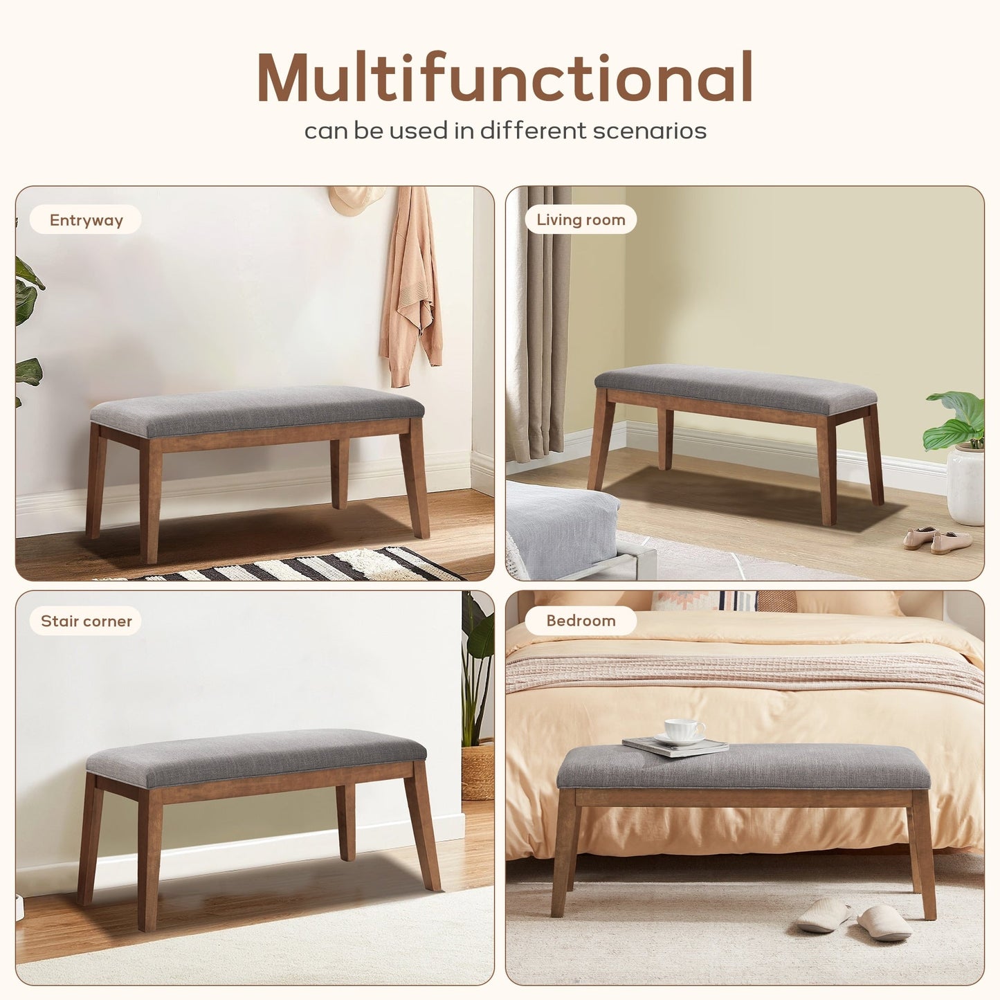 Banc d'entrée rembourré en tissu, banc de chambre pour bout de lit beige, bois massif 44 pouces