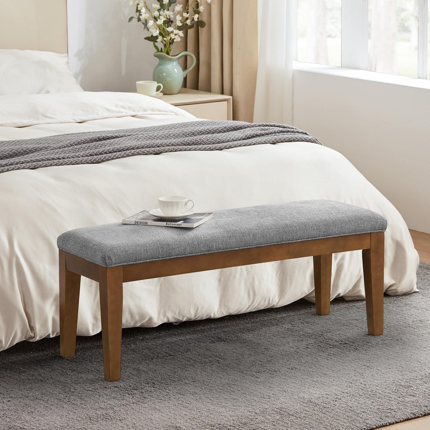 Banc d'entrée rembourré en tissu, banc de chambre pour bout de lit beige, bois massif 44 pouces