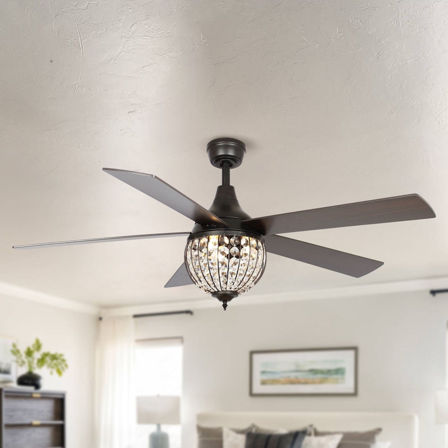 Ventilateur de plafond industriel en bois noir à 5 pales en cristal avec télécommande