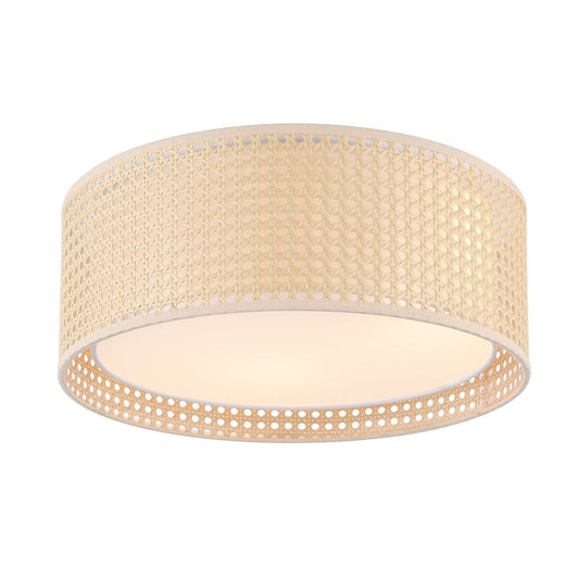 Plafonnier encastré moderne WINGBO à 3 lumières avec abat-jour tambour double en rotin et tissu