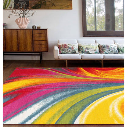Tapis antidérapant multicolore à vagues contemporaines modernes de la World Rug Gallery