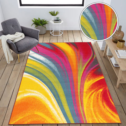 Tapis antidérapant multicolore à vagues contemporaines modernes de la World Rug Gallery