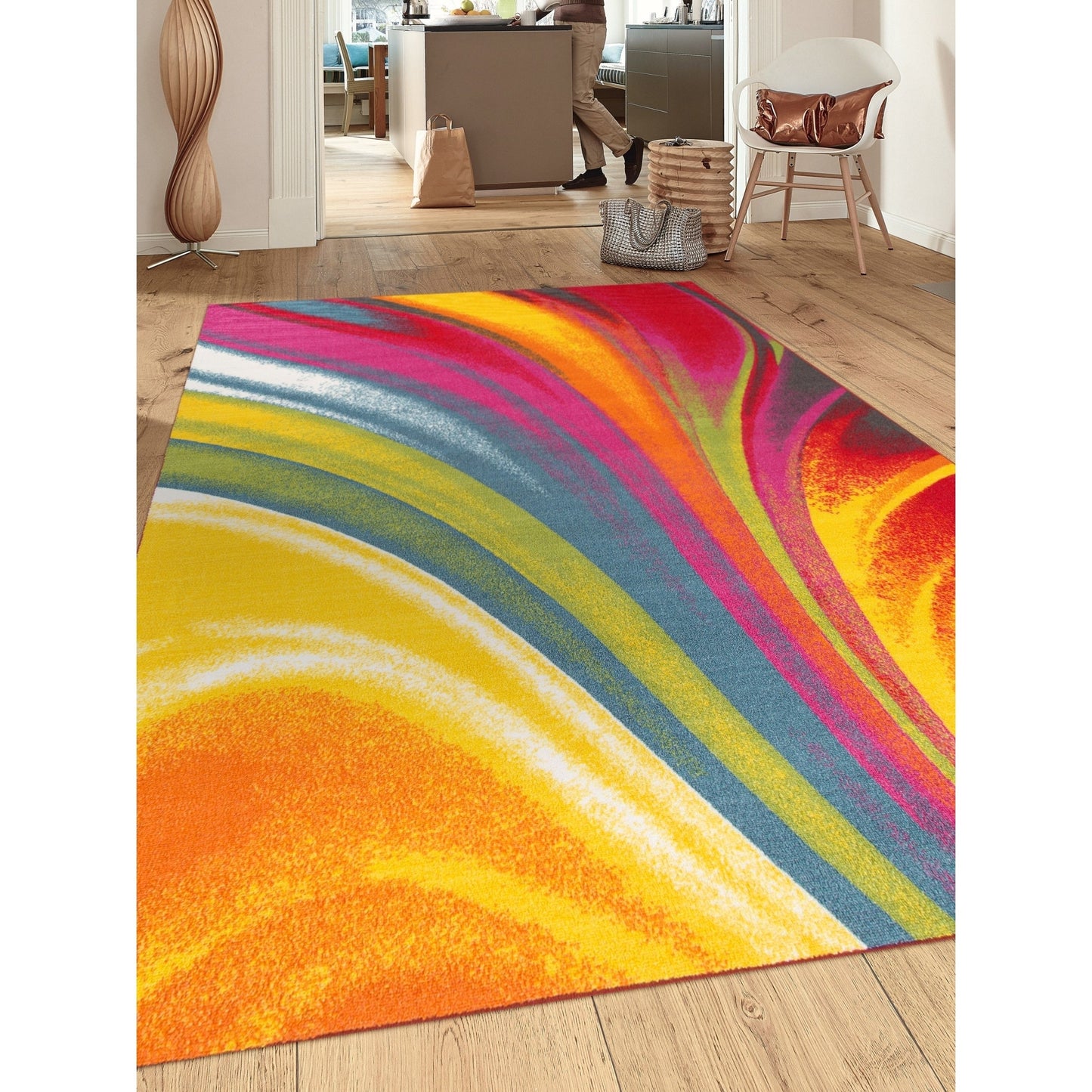 Tapis antidérapant multicolore à vagues contemporaines modernes de la World Rug Gallery