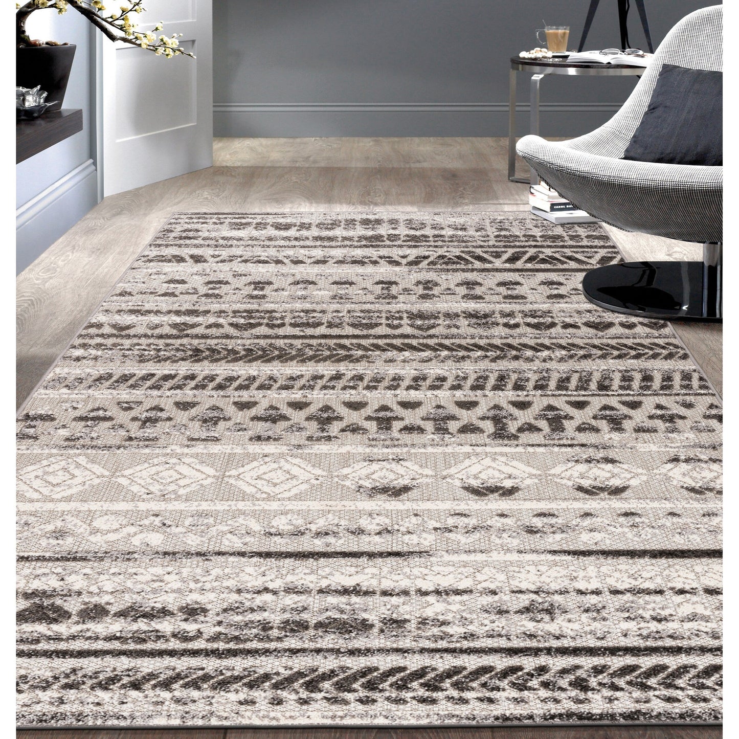 Tapis d'intérieur/extérieur géométrique délavé à rayures modernes de la World Rug Gallery
