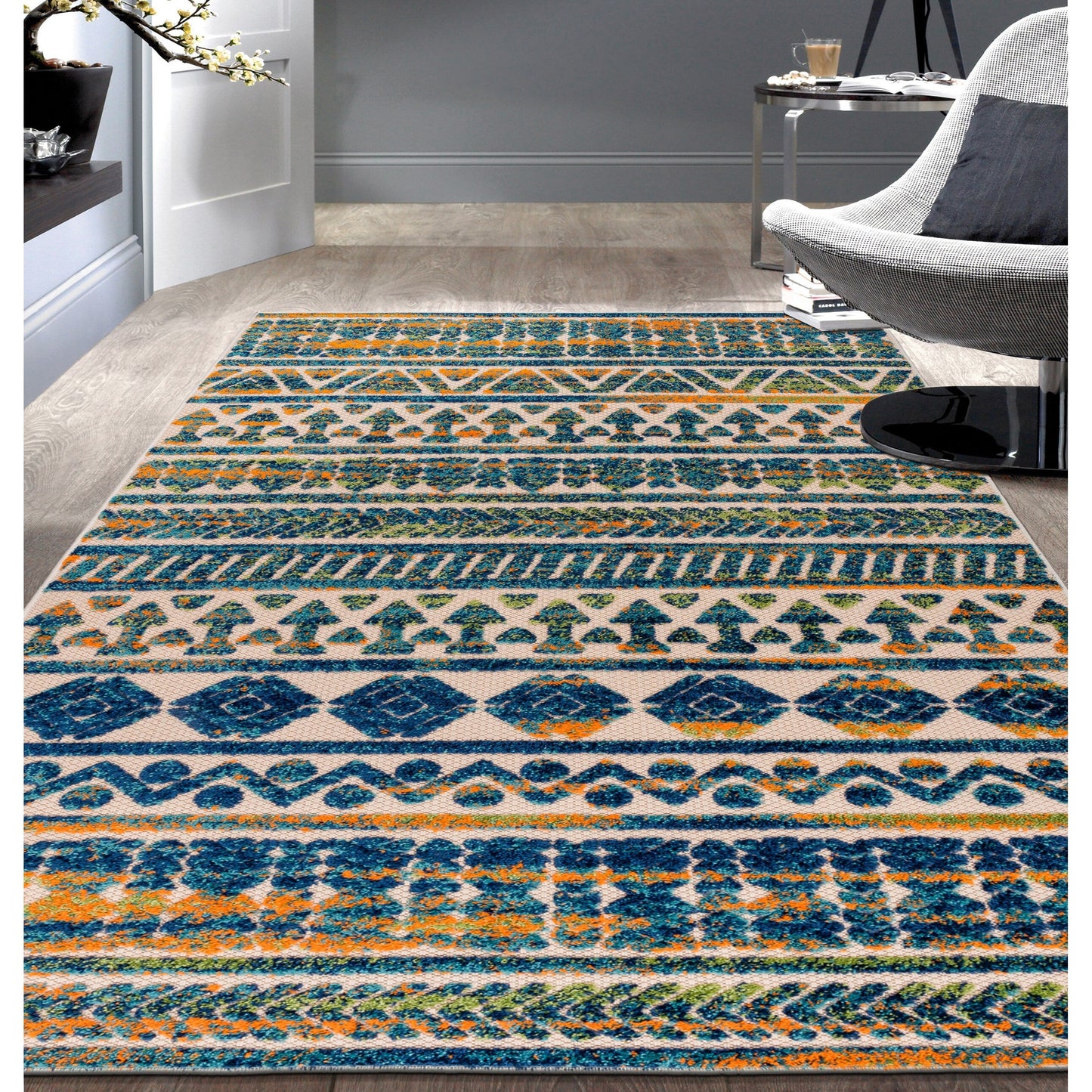 Tapis d'intérieur/extérieur géométrique délavé à rayures modernes de la World Rug Gallery