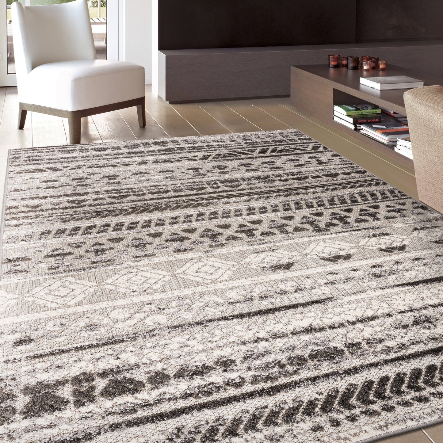 Tapis d'intérieur/extérieur géométrique délavé à rayures modernes de la World Rug Gallery