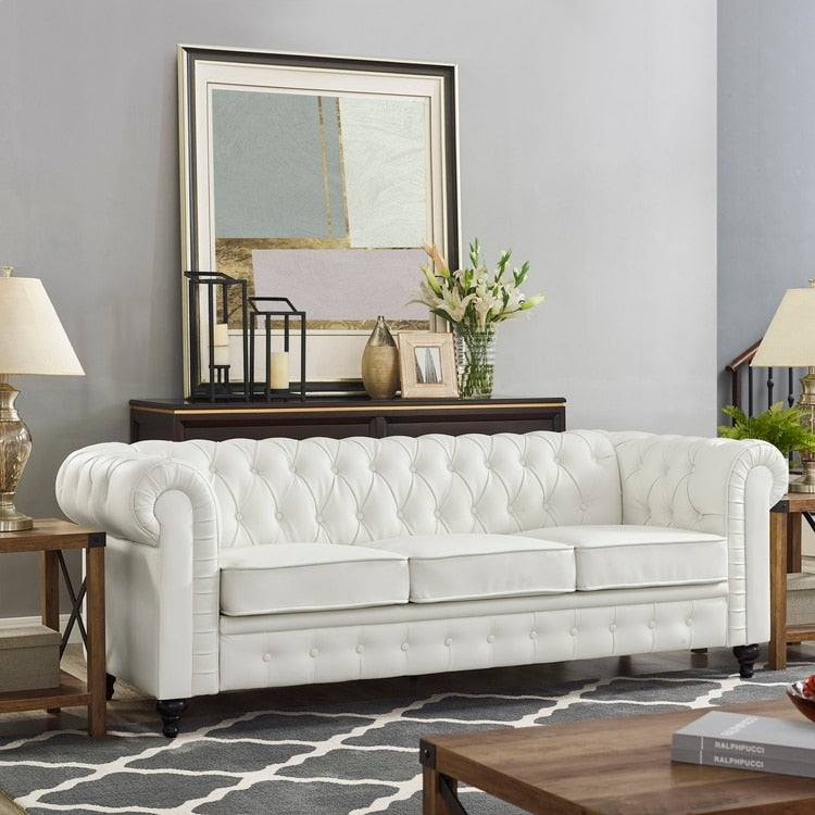 Canapé élégant combiné : canapé Chesterfield avec accoudoirs roulés et accoudoirs évasés capitonnés à boutons, canapé en microfibre pour petits espaces