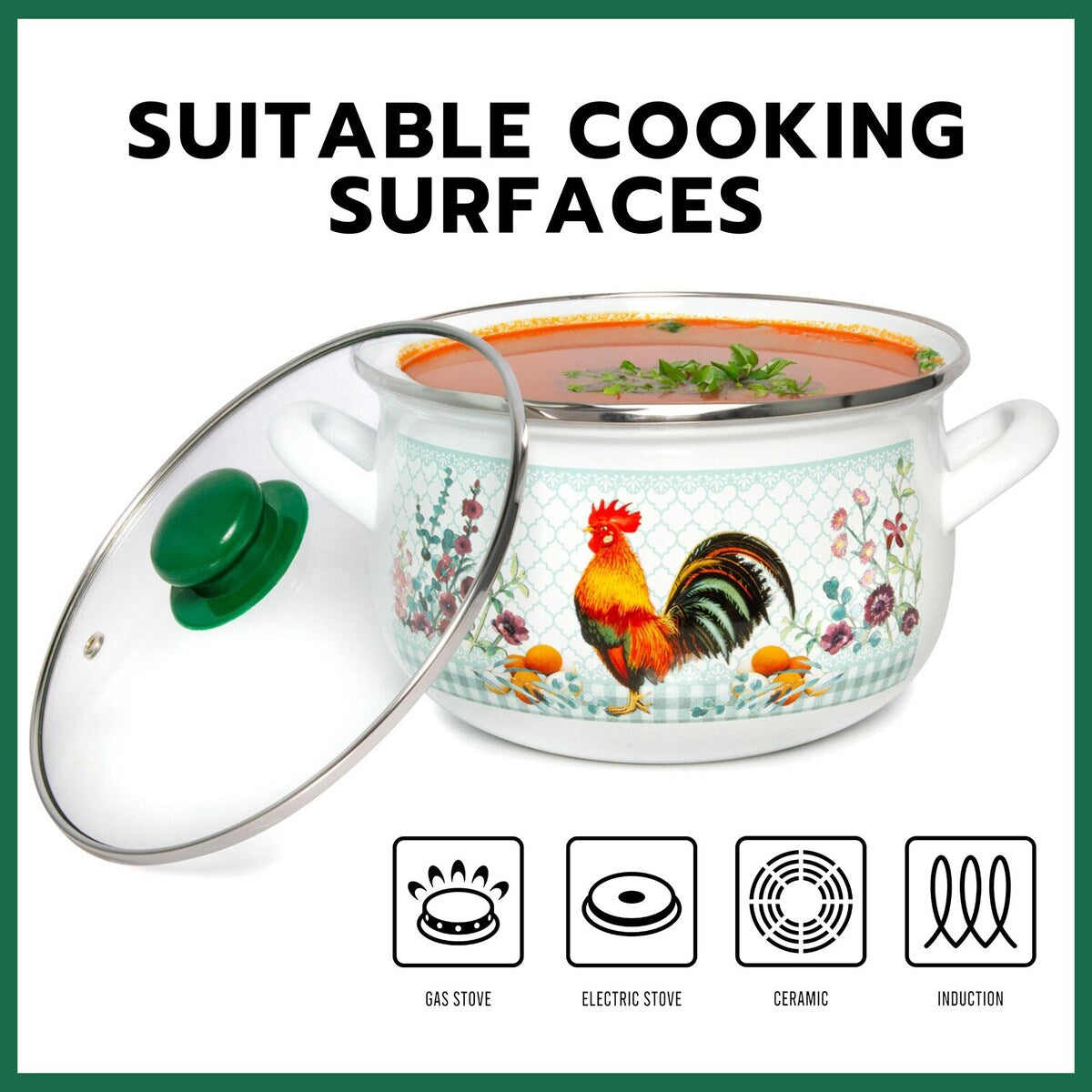 Cocotte profonde émaillée Golden Rooster Belly de STP Goods avec couvercle en verre