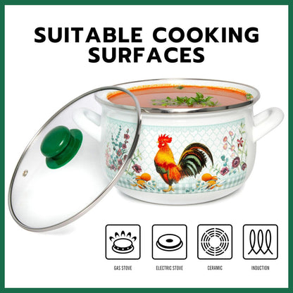 Cocotte profonde émaillée Golden Rooster Belly de STP Goods avec couvercle en verre