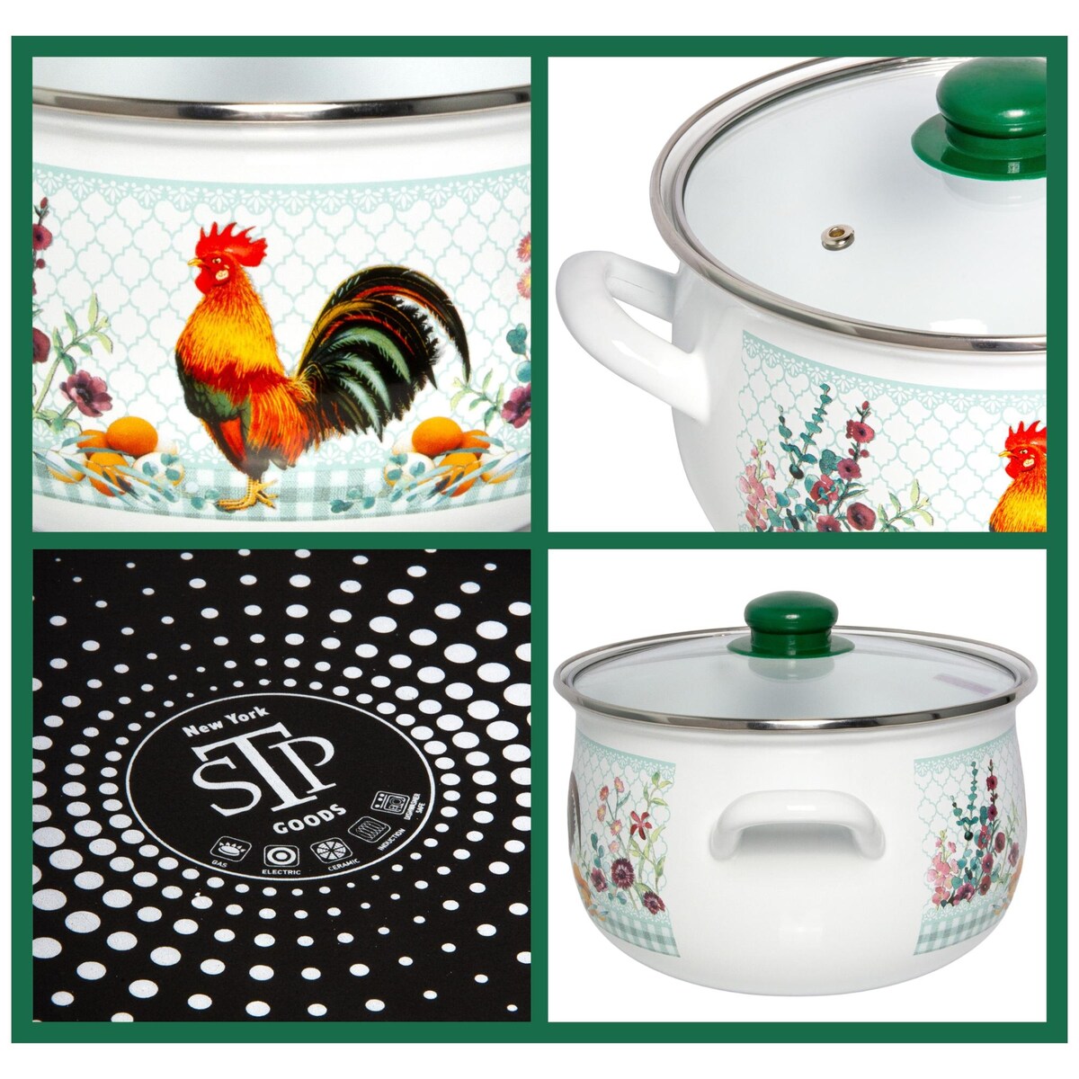 Cocotte profonde émaillée Golden Rooster Belly de STP Goods avec couvercle en verre