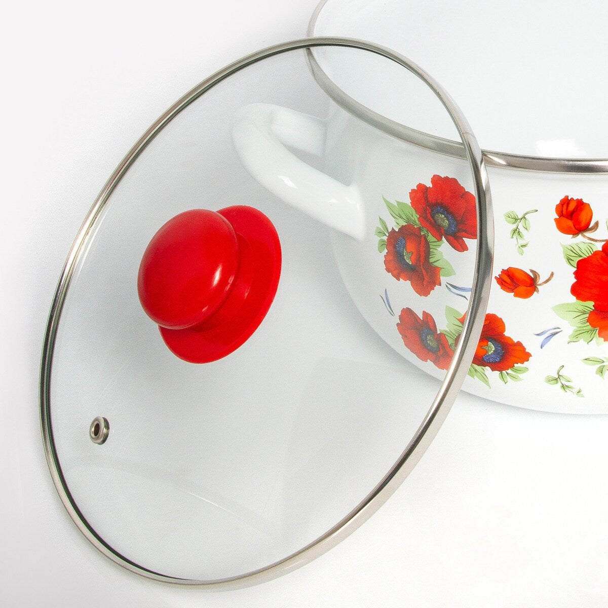 Cocotte profonde en acier émaillé Poppies Belly de STP Goods avec couvercle en verre