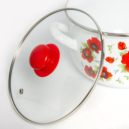 Cocotte profonde en acier émaillé Poppies Belly de STP Goods avec couvercle en verre