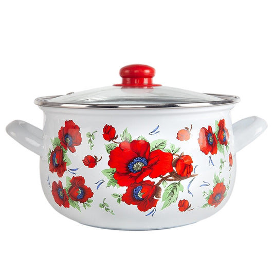 Cocotte profonde en acier émaillé Poppies Belly de STP Goods avec couvercle en verre