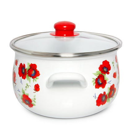 Cocotte profonde en acier émaillé Poppies Belly de STP Goods avec couvercle en verre