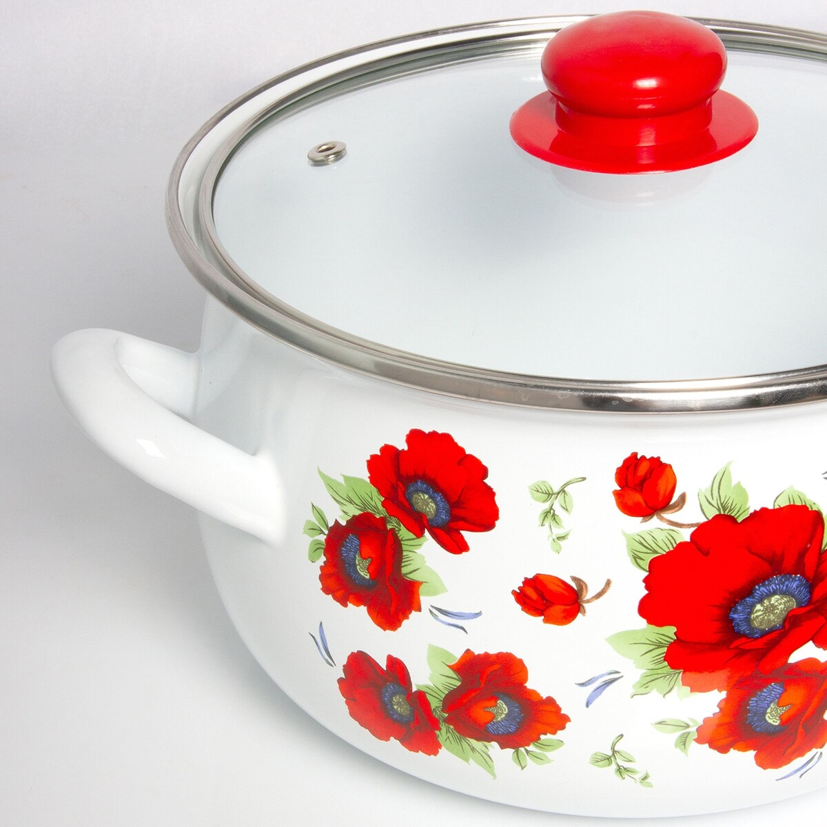 Cocotte profonde en acier émaillé Poppies Belly de STP Goods avec couvercle en verre