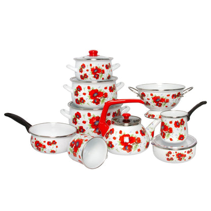 Cocotte profonde en acier émaillé Poppies Belly de STP Goods avec couvercle en verre