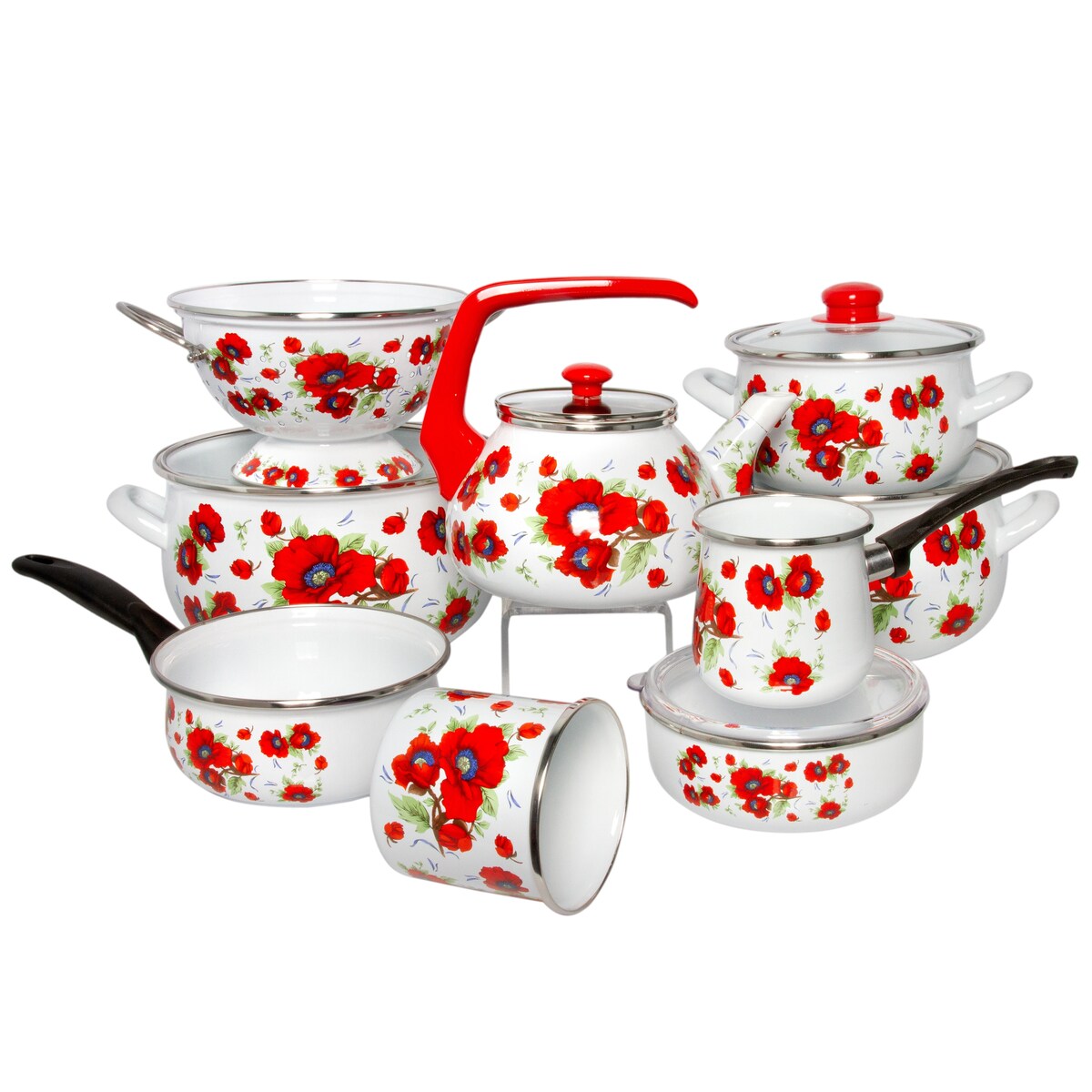 Cocotte profonde en acier émaillé Poppies Belly de STP Goods avec couvercle en verre