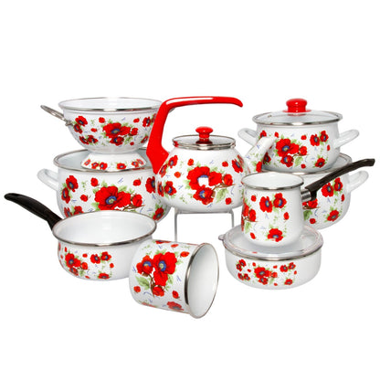 Cocotte profonde en acier émaillé Poppies Belly de STP Goods avec couvercle en verre