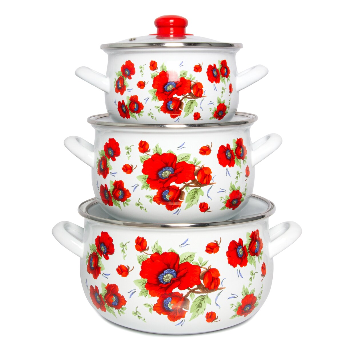 Cocotte profonde en acier émaillé Poppies Belly de STP Goods avec couvercle en verre