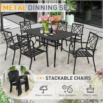 Ensemble de salle à manger d'extérieur SUNCROWN 5/7 pièces en acier, table à lattes en métal et chaises empilables, cadre enduit de poudre