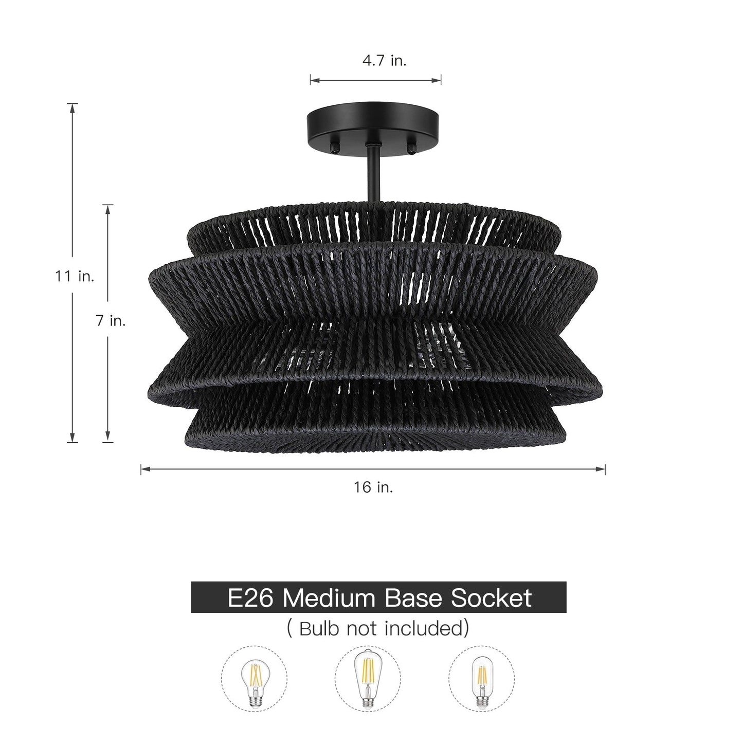 Plafonnier semi-encastré Silvia à 2 lumières en corde tressée de style bohème - 40,6 cm de largeur