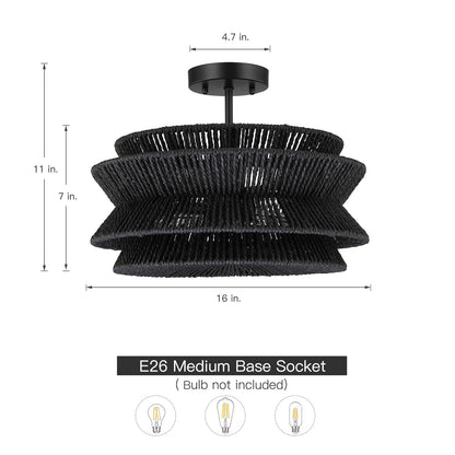 Plafonnier semi-encastré Silvia à 2 lumières en corde tressée de style bohème - 40,6 cm de largeur