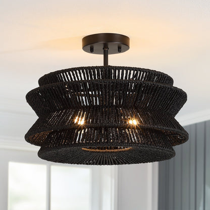 Plafonnier semi-encastré Silvia à 2 lumières en corde tressée de style bohème - 40,6 cm de largeur