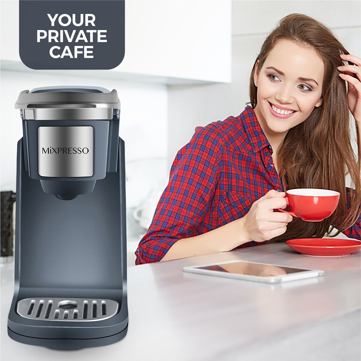 Cafetière à une tasse, machine à café individuelle, compatible avec KCup, fonction One Touch, grise
