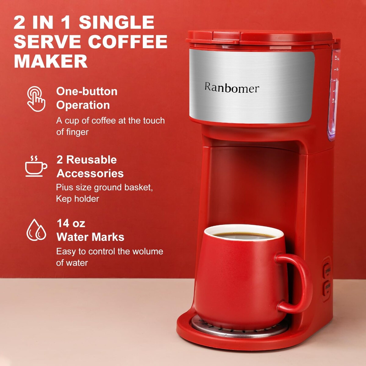 Cafetière à portion individuelle, machine à café K Cup et moulue 2 en 1, tailles d'infusion de 6 à 14 oz, mini cafetière une tasse
