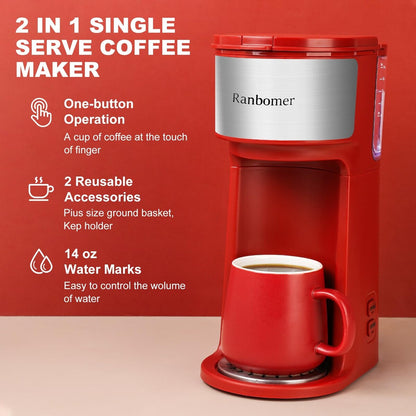 Cafetière à portion individuelle, machine à café K Cup et moulue 2 en 1, tailles d'infusion de 6 à 14 oz, mini cafetière une tasse