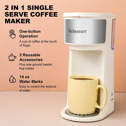 Cafetière à portion individuelle, machine à café K Cup et moulue 2 en 1, tailles d'infusion de 6 à 14 oz, mini cafetière une tasse