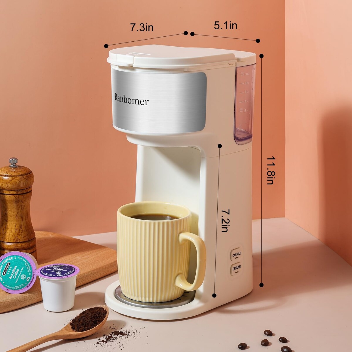Cafetière à portion individuelle, machine à café K Cup et moulue 2 en 1, tailles d'infusion de 6 à 14 oz, mini cafetière une tasse