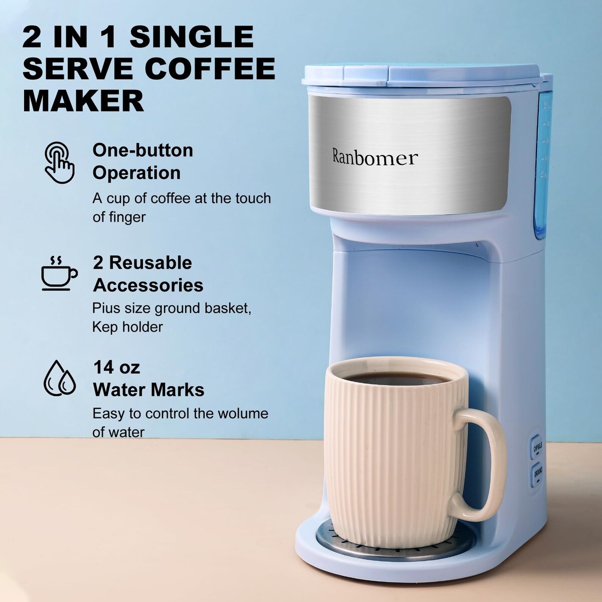 Cafetière à portion individuelle, machine à café K Cup et moulue 2 en 1, tailles d'infusion de 6 à 14 oz, mini cafetière une tasse