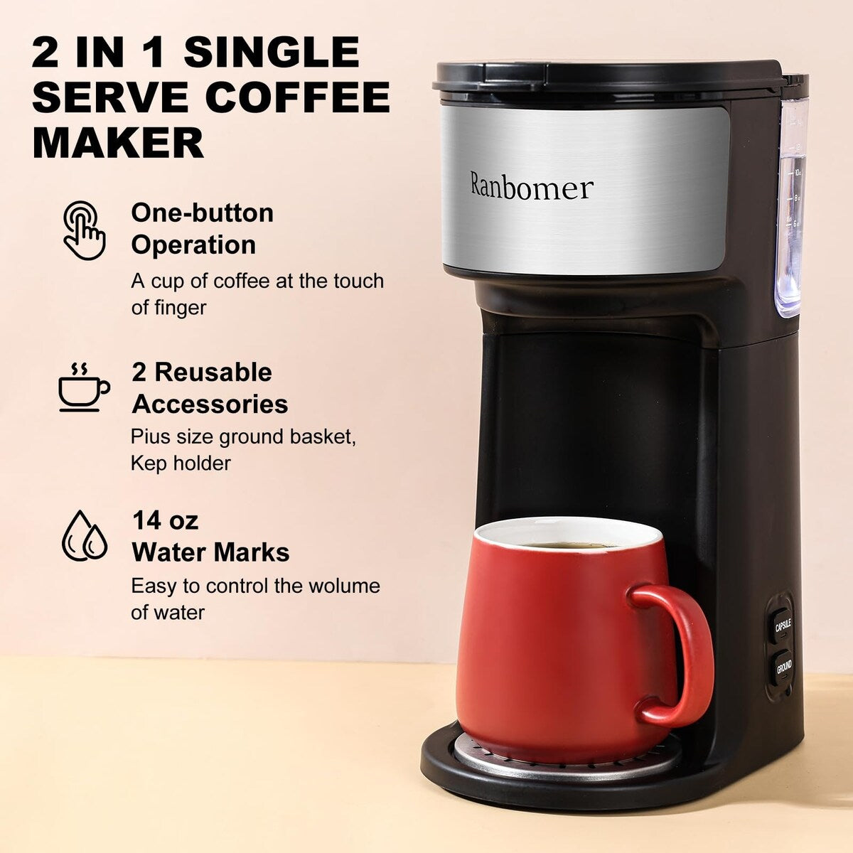 Cafetière à portion individuelle, machine à café K Cup et moulue 2 en 1, tailles d'infusion de 6 à 14 oz, mini cafetière une tasse