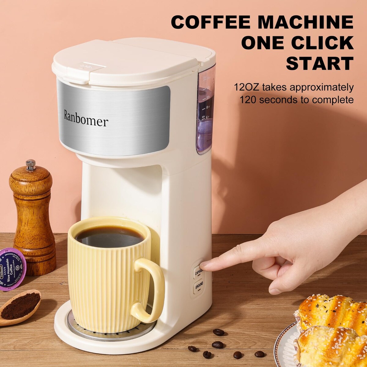 Cafetière à portion individuelle, machine à café K Cup et moulue 2 en 1, tailles d'infusion de 6 à 14 oz, mini cafetière une tasse