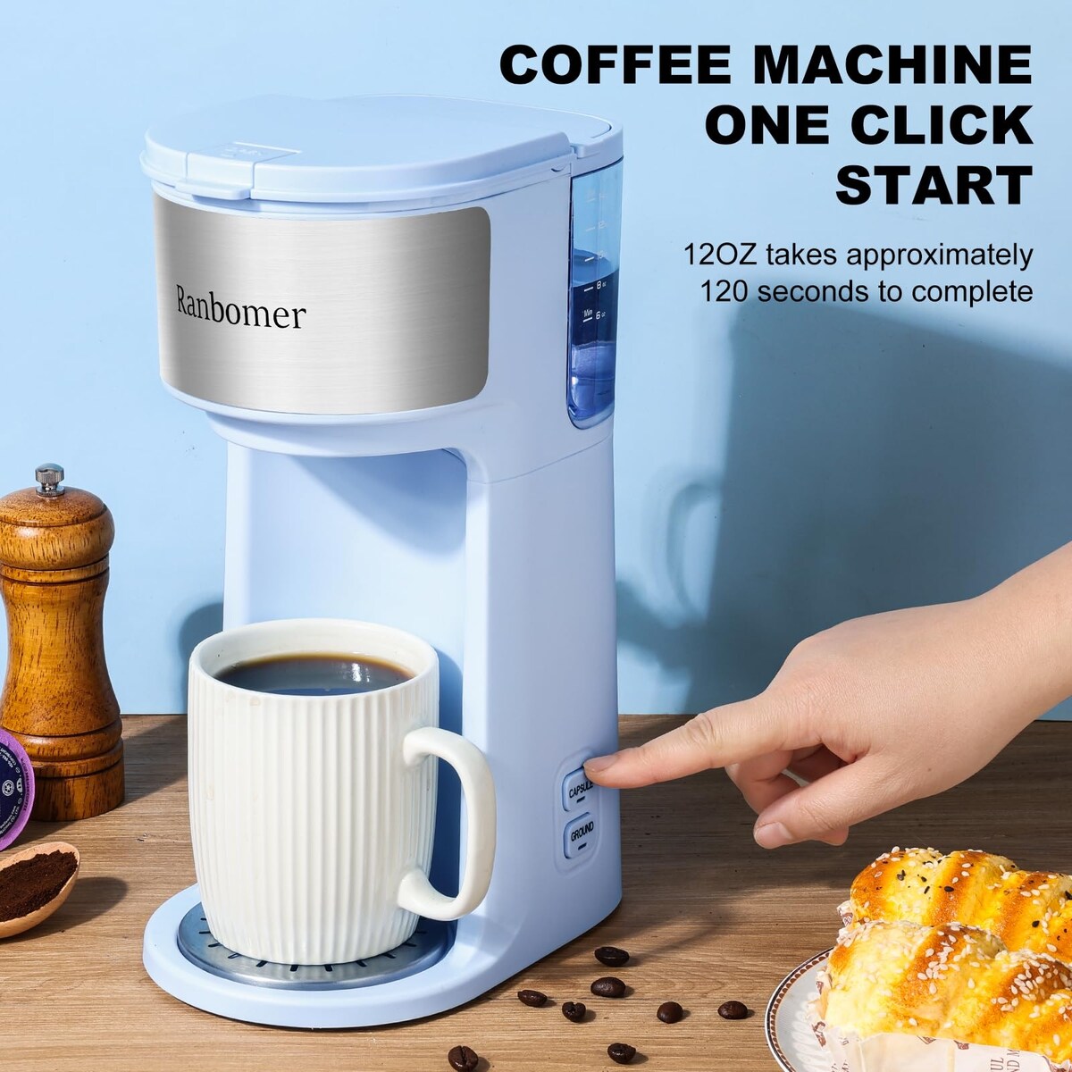 Cafetière à portion individuelle, machine à café K Cup et moulue 2 en 1, tailles d'infusion de 6 à 14 oz, mini cafetière une tasse