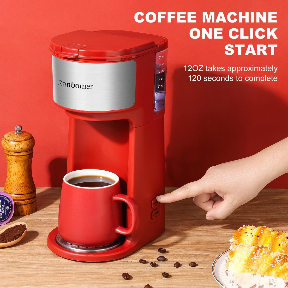 Cafetière à portion individuelle, machine à café K Cup et moulue 2 en 1, tailles d'infusion de 6 à 14 oz, mini cafetière une tasse