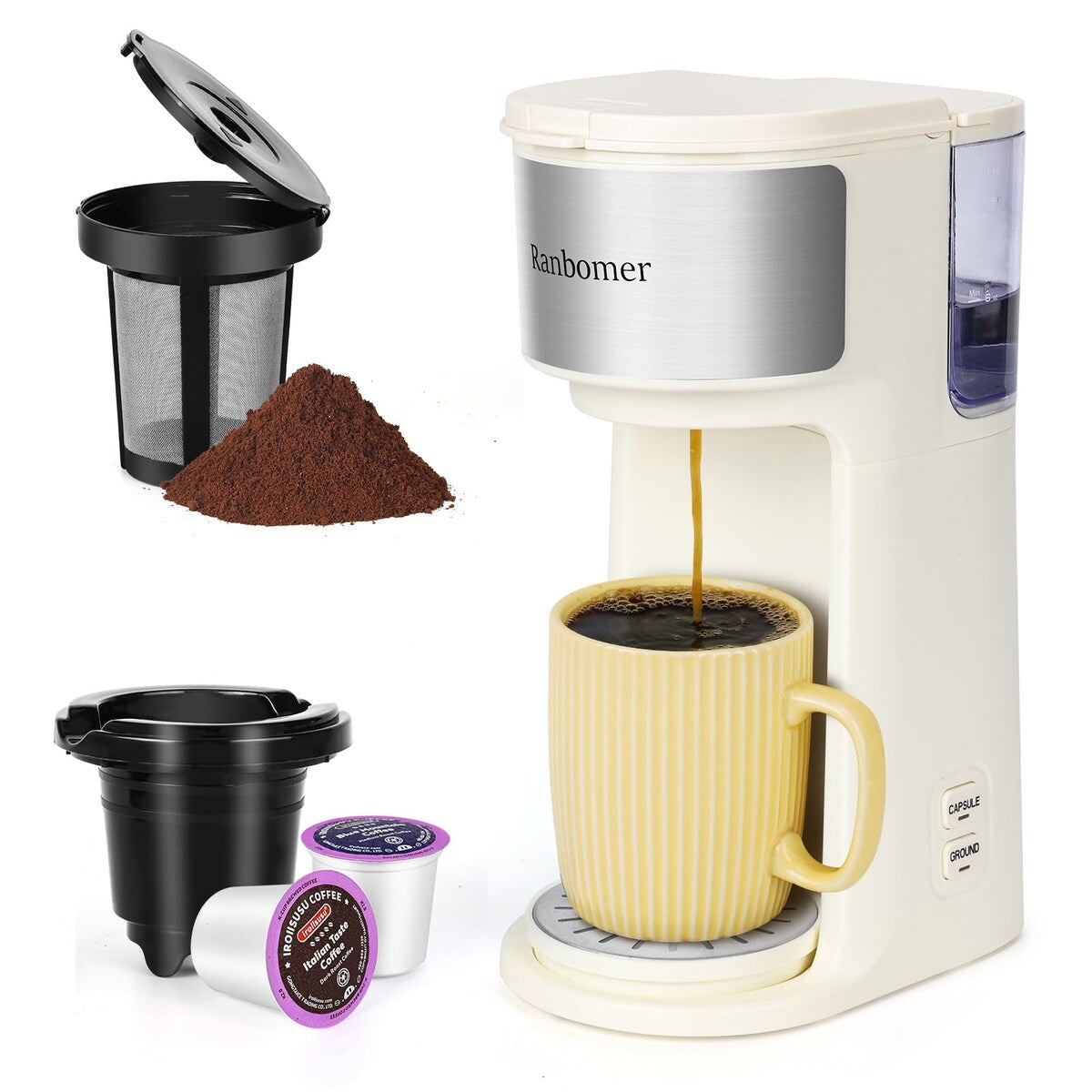 Cafetière à portion individuelle, machine à café K Cup et moulue 2 en 1, tailles d'infusion de 6 à 14 oz, mini cafetière une tasse
