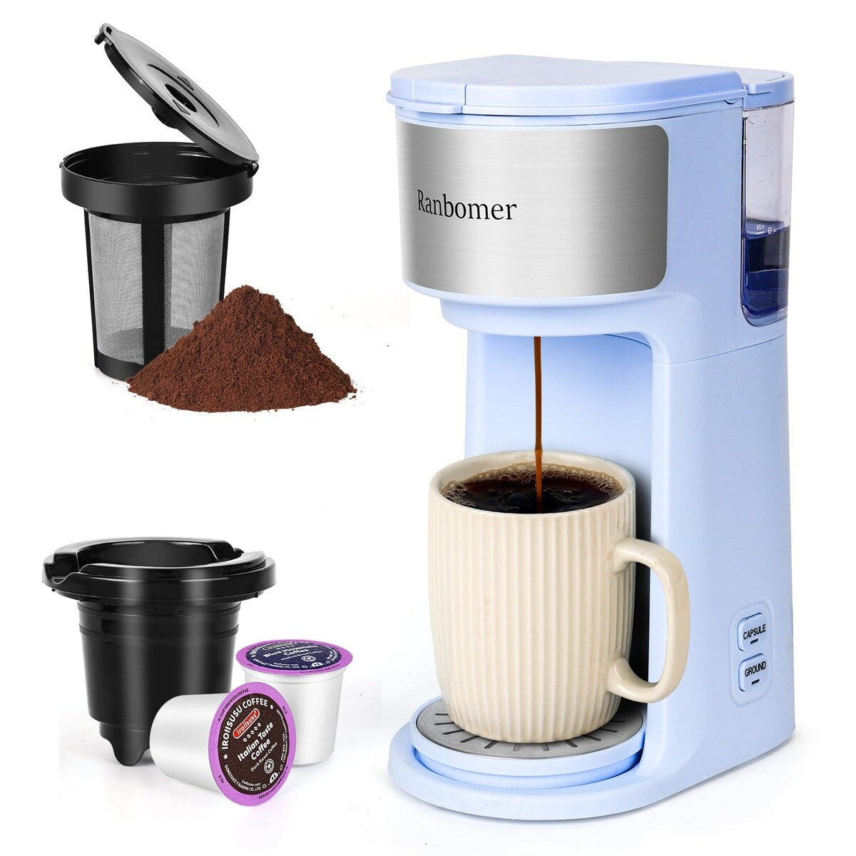 Cafetière à portion individuelle, machine à café K Cup et moulue 2 en 1, tailles d'infusion de 6 à 14 oz, mini cafetière une tasse