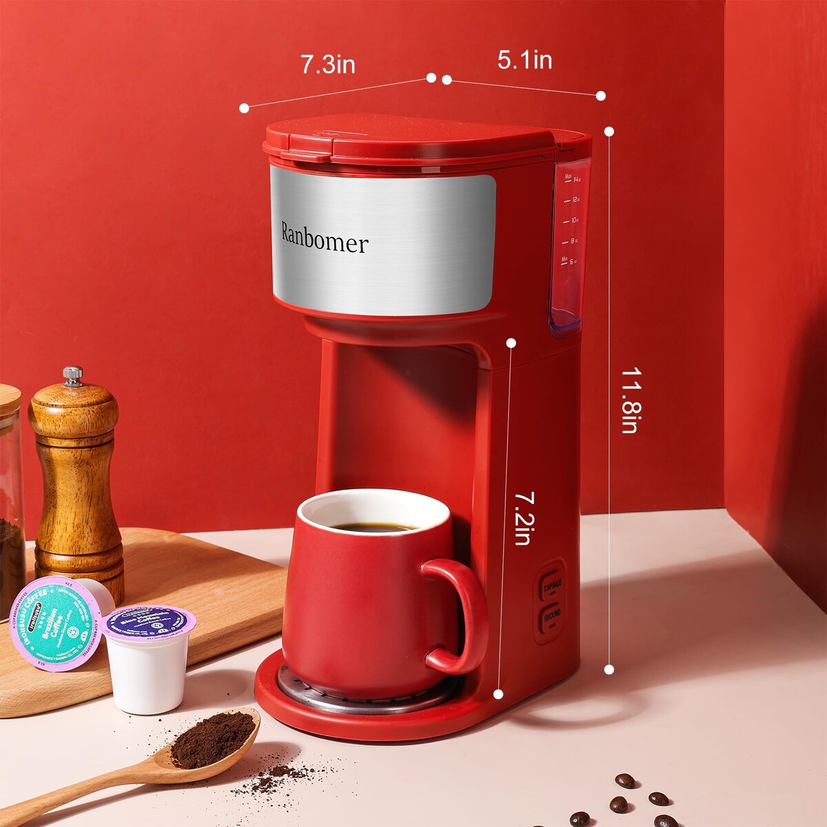Cafetière à portion individuelle, machine à café K Cup et moulue 2 en 1, tailles d'infusion de 6 à 14 oz, mini cafetière une tasse