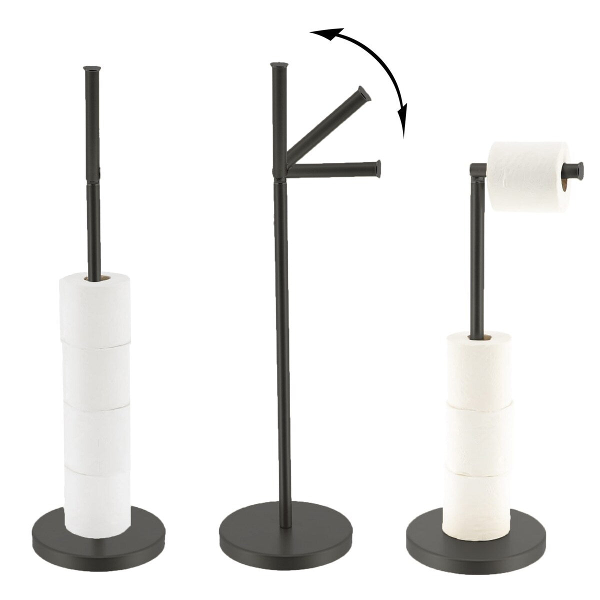 Porte-papier hygiénique élégant avec bras pliant et réserve, support compact en métal autoportant - Diamètre 8 pouces X 22 H