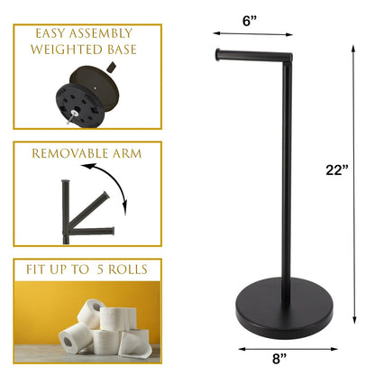 Porte-papier hygiénique élégant avec bras pliant et réserve, support compact en métal autoportant - Diamètre 8 pouces X 22 H