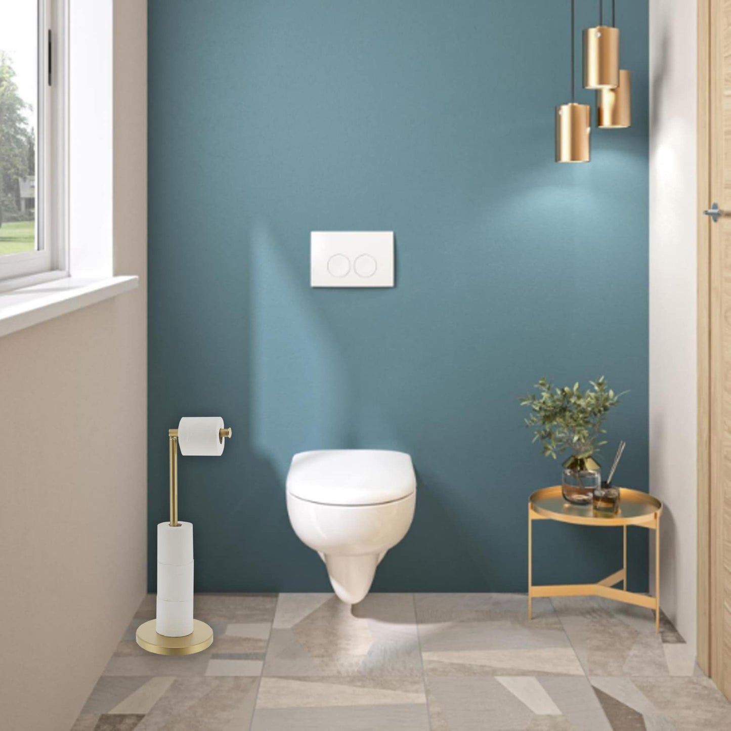 Porte-papier hygiénique élégant avec bras pliant et réserve, support compact en métal autoportant - Diamètre 8 pouces X 22 H