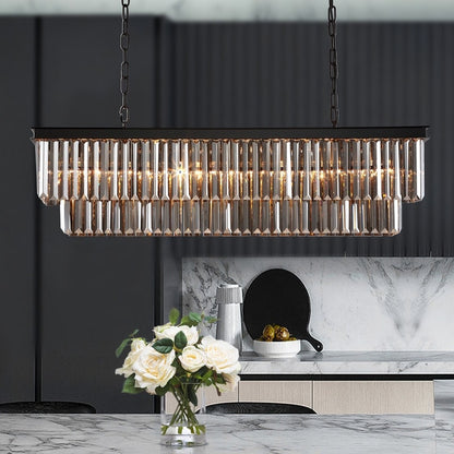 Lustre contemporain en cristal gris fumé et noir de 47 po, luminaire suspendu linéaire à deux niveaux pour îlot de cuisine et salle à manger