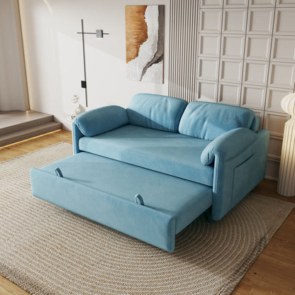 Sofa Showcase: 54 Velvet Blue Sofa Bed - A Dual-Purpose Living Room Gem with a Retractable Bed Option