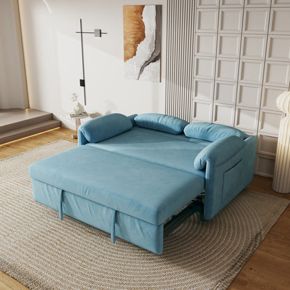Sofa Showcase: 54 Velvet Blue Sofa Bed - A Dual-Purpose Living Room Gem with a Retractable Bed Option